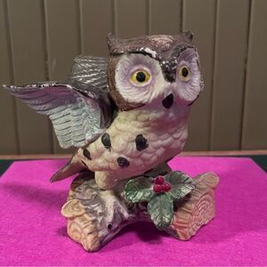 Great Horned Owl On Branch Vintage Ceramic 4” Figure